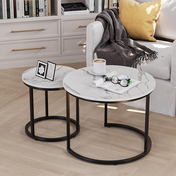 White Nesting Coffee Table Set of 2, 23.6" Round Coffee Table Wood Grain Top with Adjustable Non-Slip Feet, Industrial End Table Side Tables for Living Room Bedroom Balcony Yard - LeafyLoom