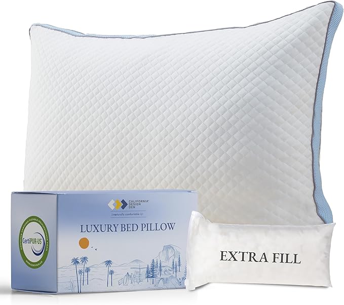California Design Den Luxury Queen Size Pillow - Adjustable Loft Memory Foam - Soft Down Alternative - Cooling Luxury Hotel Pillows for Back, Stomach or Side Sleepers - Medium Soft, CertiPUR-US - LeafyLoom