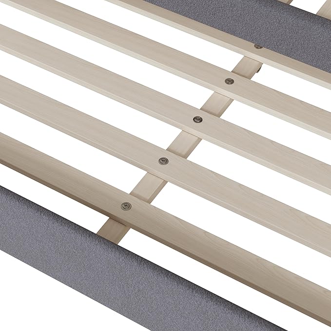 Teddy Fleece Full Size Upholstered Daybed with LED Light and Trundle,Modern Wood Platform Bed W/Side Stripes,Easy Assembly,for Bedroom,Living Room,Guestroom,Gray - LeafyLoom