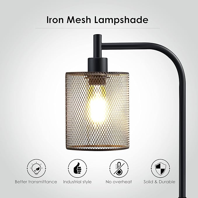 BoostArea Industrial Floor Lamp, Standing Lamp with Hanging Iron Mesh Lamp Shade, 6W LED Bulb, Whole Metal Farmhouse Floor Lamp with Foot Switch, Rustic Floor Lamps for Living Room Bedroom, Black - LeafyLoom