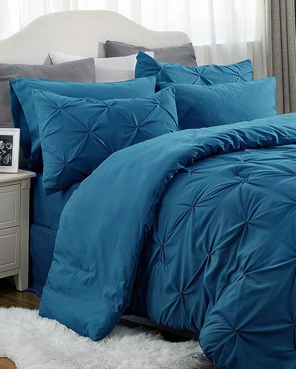 Bedsure California King Comforter Set - Cal King Bed Set 7 Pieces, Pinch Pleat Teal Blue Cali King Bedding Set with Comforter, Sheets, Pillowcases & Shams - LeafyLoom