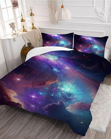 Purple Galaxy Bedding Set Full Size Outer Space Comforter Set for Girls Teens Kids Women Boys Starry Nebula Blue Glitter Quilt 1 Comforter + 2 Pillow Cases - LeafyLoom
