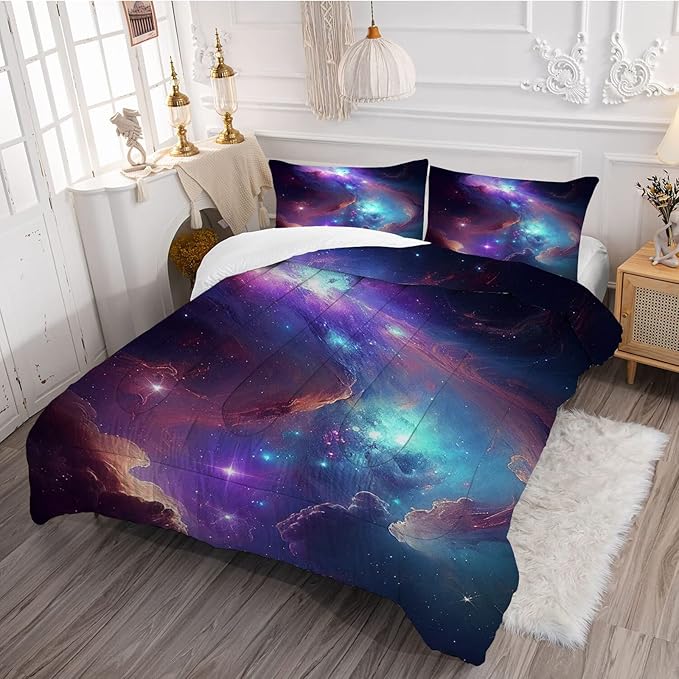 Purple Galaxy Bedding Set Full Size Outer Space Comforter Set for Girls Teens Kids Women Boys Starry Nebula Blue Glitter Quilt 1 Comforter + 2 Pillow Cases - LeafyLoom