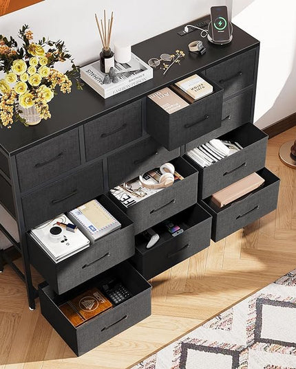ODK Dresser with Charging Station, 57-Inch Long Dresser TV Stand for Bedroom, Large Dresser with 13 Storage Drawers, Chest of Drawers Easy-Pull Fabric Dressers for Living Room, Black - LeafyLoom