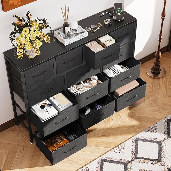 ODK Dresser with Charging Station, 57-Inch Long Dresser TV Stand for Bedroom, Large Dresser with 13 Storage Drawers, Chest of Drawers Easy-Pull Fabric Dressers for Living Room, Black - LeafyLoom