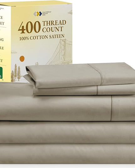 Split King Sheets for Adjustable Bed, Soft 100% Cotton Sheets, 400 Thread Count Sateen, 5 Pc Set With 2 Twin-XL Fitted Sheets, Deep Pocket Sheets, Cooling Sheets, Beats Egyptian Cotton Claims (Taupe) - LeafyLoom