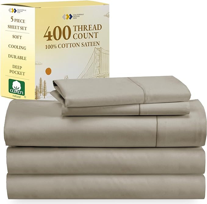 Split King Sheets for Adjustable Bed, Soft 100% Cotton Sheets, 400 Thread Count Sateen, 5 Pc Set With 2 Twin-XL Fitted Sheets, Deep Pocket Sheets, Cooling Sheets, Beats Egyptian Cotton Claims (Taupe) - LeafyLoom