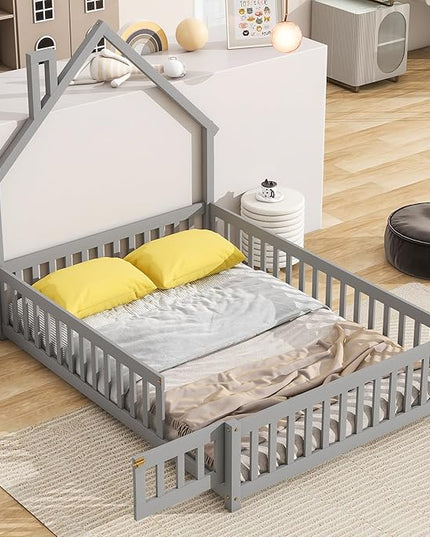Bellemave Full Size House-Shaped Headboard Floor Bed for Kids, Montessori Floor Bed with Fence and Door,House Bed Twin Frame for Girls,Boys (Gray) - LeafyLoom