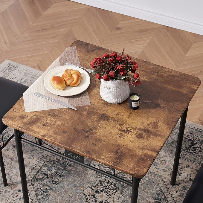 VECELO 3-Piece Dining Room Wooden Kitchen Table and Pu Cushion Chair Sets for Small Space, Retro Brown - LeafyLoom