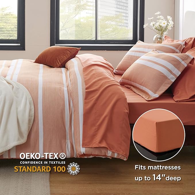 Bedsure Bed in a Bag California King Size 7 Pieces, Burnt Orange White Striped Bedding Comforter Sets All Season Bed Set, 2 Pillow Shams, Flat Sheet, Fitted Sheet and 2 Pillowcases - LeafyLoom