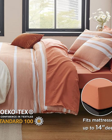 Bedsure Bed in a Bag Queen Size 7 Pieces, Burnt Orange White Striped Bedding Comforter Sets All Season Bed Set, 2 Pillow Shams, Flat Sheet, Fitted Sheet and 2 Pillowcases - LeafyLoom