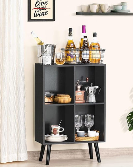 YAHARBO 4 Cube Black Bookshelf, Small Black Narrow Book shelf, 3 Tier Modern Bookcase with Legs,Bookshelves Wood Storage Shelf, Rustic Book Shelves Cube Organizer, Display Bookcase - LeafyLoom