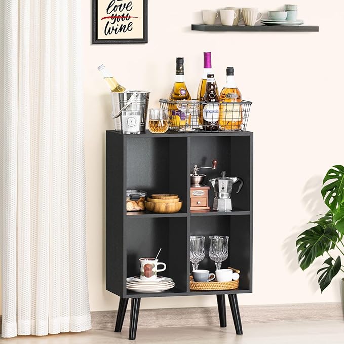 YAHARBO 4 Cube Black Bookshelf, Small Black Narrow Book shelf, 3 Tier Modern Bookcase with Legs,Bookshelves Wood Storage Shelf, Rustic Book Shelves Cube Organizer, Display Bookcase - LeafyLoom
