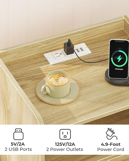 SUPERJARE Nightstand with Charging Station & Rattan-Like Decor Drawer, Rattan End Table with Solid Wood Feet, Bed Side Table with Open Storage, for Bedroom, Living Room, Dormitory - Natural - LeafyLoom