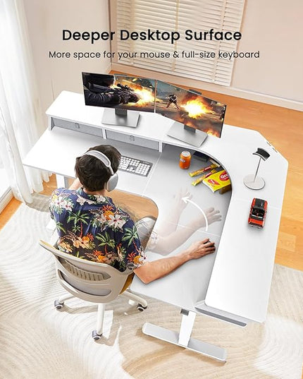 ErGear 65'' L Shaped Standing Desk for Gaming, [3 Drawers & 2 Cable Management Trays] Corner Stand up Desk [Compatible w/C-Clamp Mount] Height Adjustable for Home Office, White - LeafyLoom