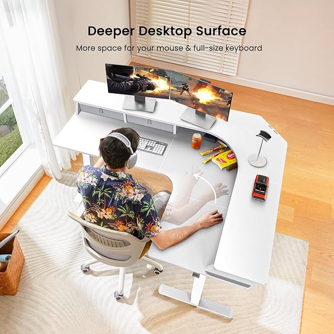 ErGear 65'' L Shaped Standing Desk for Gaming, [3 Drawers & 2 Cable Management Trays] Corner Stand up Desk [Compatible w/C-Clamp Mount] Height Adjustable for Home Office, White - LeafyLoom