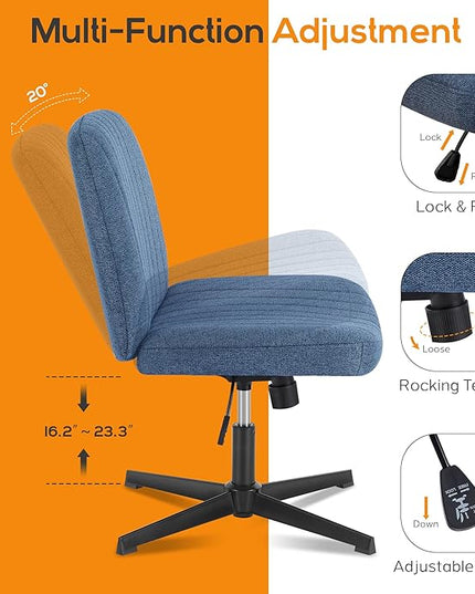 Criss Cross Chair, Cross Legged Office Chair, Wide Comfty Desk Chair, No Wheels Armless Computer Task Chair, Swivel Vanity Home Chair, Height Adjustable - LeafyLoom