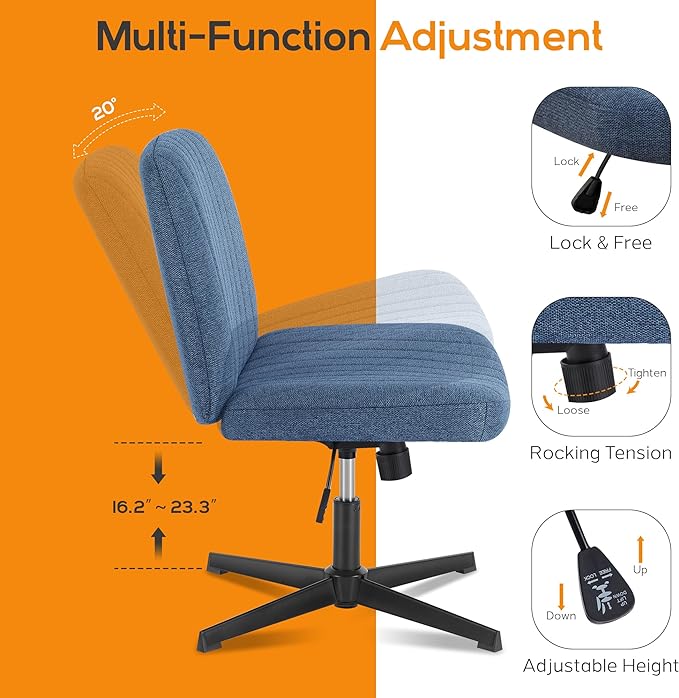 Criss Cross Chair, Cross Legged Office Chair, Wide Comfty Desk Chair, No Wheels Armless Computer Task Chair, Swivel Vanity Home Chair, Height Adjustable - LeafyLoom