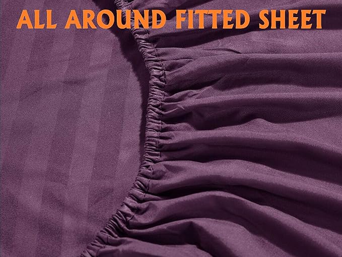 Elegant Comfort Softest and Coziest 4-Piece Sheet Set - 1500 Premium Hotel Quality Microfiber - Luxurious Wrinkle Resistant 4-Piece Damask Stripe Bed Sheet Set, Twin, Eggplant/Purple - LeafyLoom