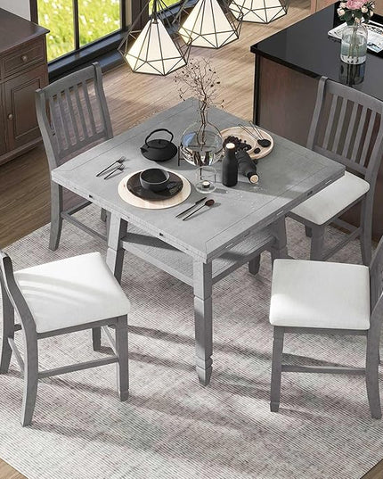 5-Piece Counter Height Round Set in 2 Table Sizes with 4 Folding Leaves and Upholstered Chairs for Dining Room (Gray+Beige Cushion), 38"~54" L x 38"~54" W x 36.2" H - LeafyLoom
