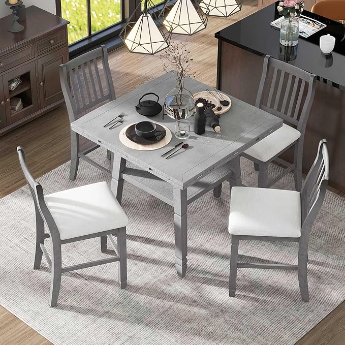 5-Piece Counter Height Round Set in 2 Table Sizes with 4 Folding Leaves and Upholstered Chairs for Dining Room (Gray+Beige Cushion), 38"~54" L x 38"~54" W x 36.2" H - LeafyLoom