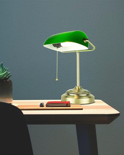 Newhouse Lighting NHDK-MO-GOAZ Morgan Antique Green and Brass Glass and Metal Adjustable Classic Banker Lamp | Compatible with Energy-Efficient LED Bulb - LeafyLoom
