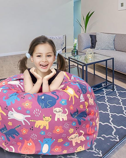 Stuffed Animal Storage Bean Bag Chair Cover, Hold Kids Plush Toys Blankets Towels Beanbag (Cover Only), Canvas Floor Circle Stuff Sit Seat Sofa with YKK Zipper, Extra Large 38", Cat - LeafyLoom