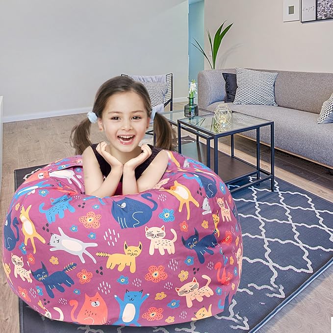 Stuffed Animal Storage Bean Bag Chair Cover, Hold Kids Plush Toys Blankets Towels Beanbag (Cover Only), Canvas Floor Circle Stuff Sit Seat Sofa with YKK Zipper, Extra Large 38", Cat - LeafyLoom