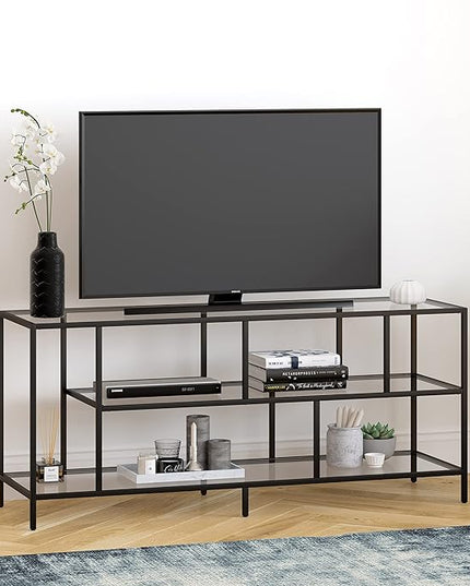 Henn&Hart Rectangular TV Stand with Glass Shelves for TV's up to 60" in Blackened Bronze, TV Stands for the Living Room - LeafyLoom