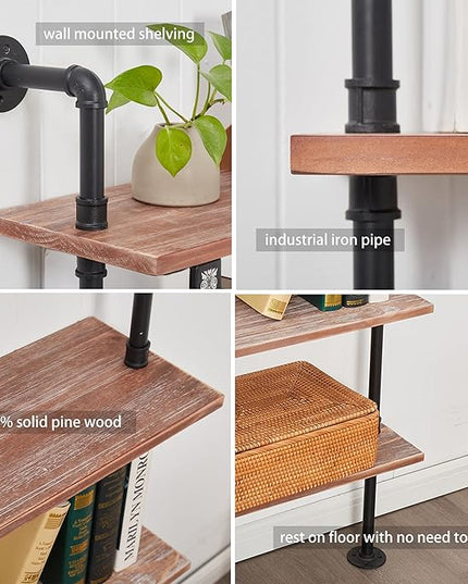 Industrial Ladder Shelves, Wall Mounted Rustic Bookshelf, Retro Wood Metal Pipe Industrial Shelves (Weathered Brown, 5 Tier - 10" D x 48" W x 70" H) - LeafyLoom