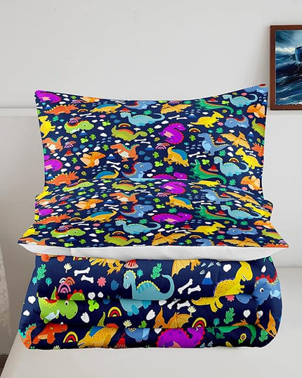 Dinosaur Full Size Bedding Set - Cartoon Dinosaur Full Size Comforter Sets for Boys Soft Breathable Blue Dino Quilt Kids Comforter Set Decor for Boys Bedroom, 1 Comforter 2 Pillowcase - LeafyLoom