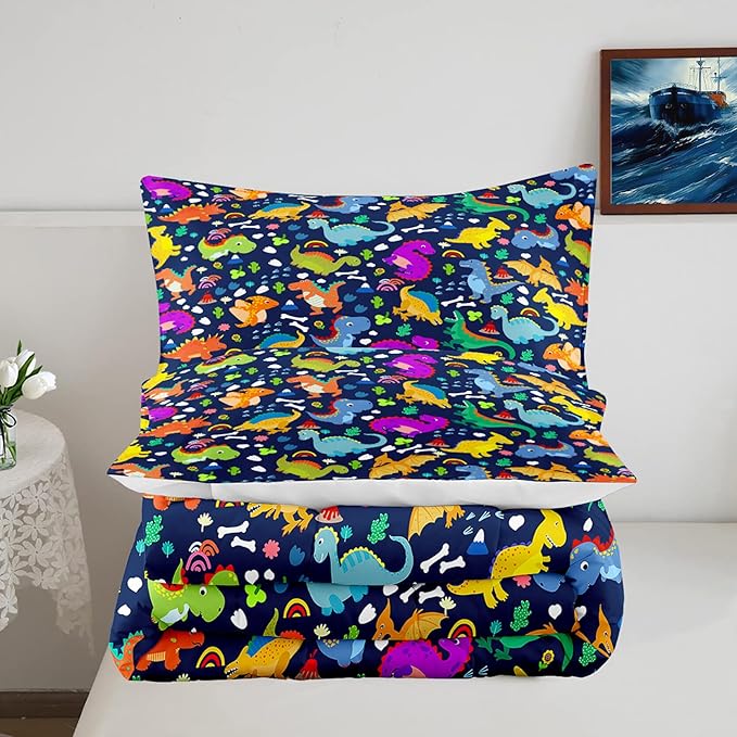 Dinosaur Full Size Bedding Set - Cartoon Dinosaur Full Size Comforter Sets for Boys Soft Breathable Blue Dino Quilt Kids Comforter Set Decor for Boys Bedroom, 1 Comforter 2 Pillowcase - LeafyLoom
