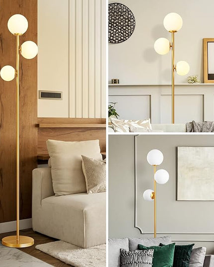 EDISHINE 69in Gold Modern Floor Lamp for Living Room, Upgraded Dimmable 3 Globe Mid Century Standing Lamps, Built-in LED, Frosted Glass Shade, Luna Tall Pole Lamp for Bedroom, Hotel -Antique Brass - LeafyLoom
