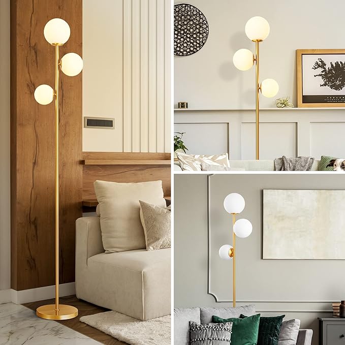 EDISHINE 69in Gold Modern Floor Lamp for Living Room, Upgraded Dimmable 3 Globe Mid Century Standing Lamps, Built-in LED, Frosted Glass Shade, Luna Tall Pole Lamp for Bedroom, Hotel -Antique Brass - LeafyLoom