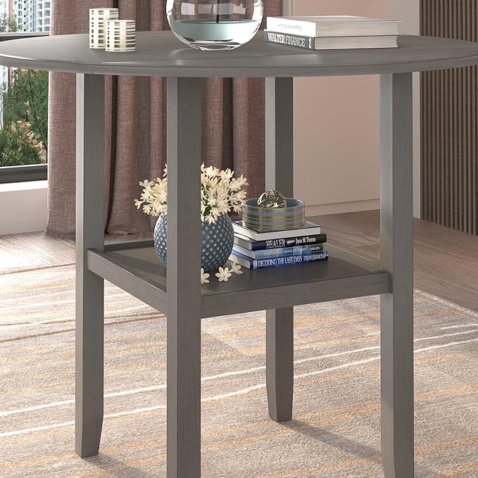 NicBex Dining Table Contemporary Kitchen Table Farmhouse Rustic Round Counter Height Kitchen Dining Table with Drop Leaf and One Shelf for Small Places Round Dining Table, Easy Assembly, Gray - LeafyLoom