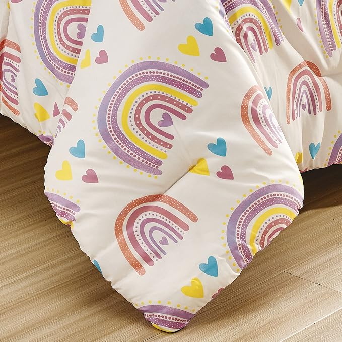 for Kids Rainbow Hearts 4-Piece Comforter Set - Beautiful Motif Design Bedding Set with Embrodery Print - LeafyLoom