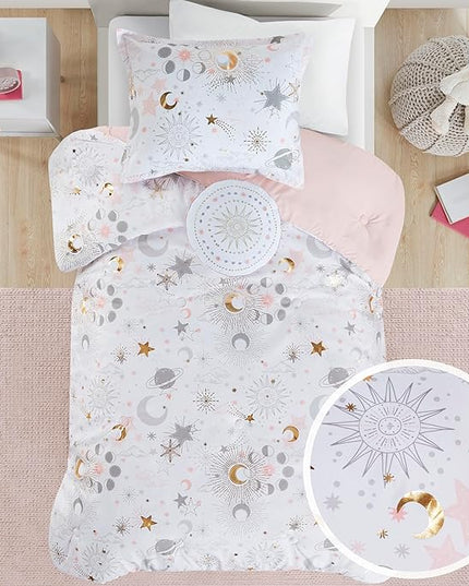 Mi Zone Kids Twin Comforter Set, Celestial Metallic Comforter Set Starry Sky, Moon & Sun Comforters, All Seasons Lightweight & Fluffy Comforter Bed Set, 1 Sham, Celia, Twin, Blush/Gold 3 Piece - LeafyLoom