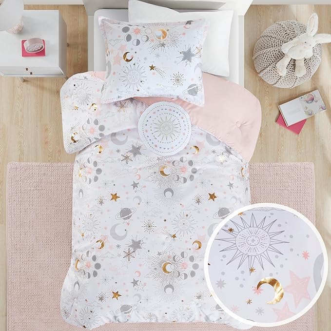 Mi Zone Kids Twin Comforter Set, Celestial Metallic Comforter Set Starry Sky, Moon & Sun Comforters, All Seasons Lightweight & Fluffy Comforter Bed Set, 1 Sham, Celia, Twin, Blush/Gold 3 Piece - LeafyLoom