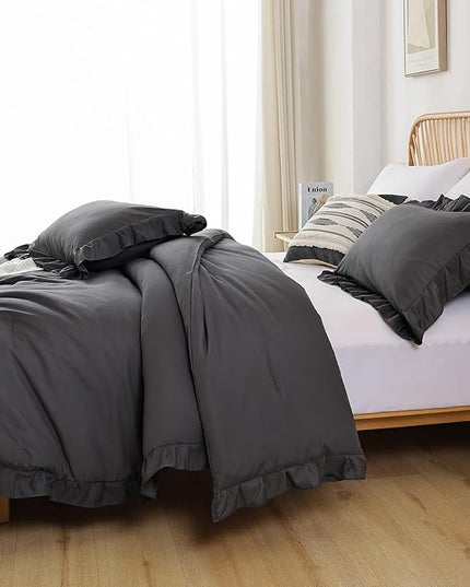 JANZAA Dark Grey Comforter for Queen Size Bed Queen Comforter Set with Ruffles 3PCS (1 Gray Comforter and 2 Pillowcases) Shabby Chic Bedding Comforter Sets Soft Fluffy Bed Set for All Season - LeafyLoom