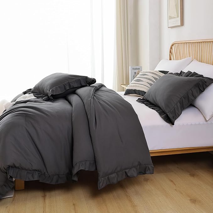 JANZAA Dark Grey Comforter for Queen Size Bed Queen Comforter Set with Ruffles 3PCS (1 Gray Comforter and 2 Pillowcases) Shabby Chic Bedding Comforter Sets Soft Fluffy Bed Set for All Season - LeafyLoom