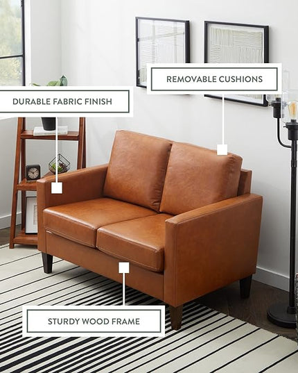 Edenbrook Archer Upholstered Loveseat - Camel Faux Leather Loveseat - Living Room Furniture - Small Loveseat - Mid Century Modern Loveseat - Seats Two - LeafyLoom