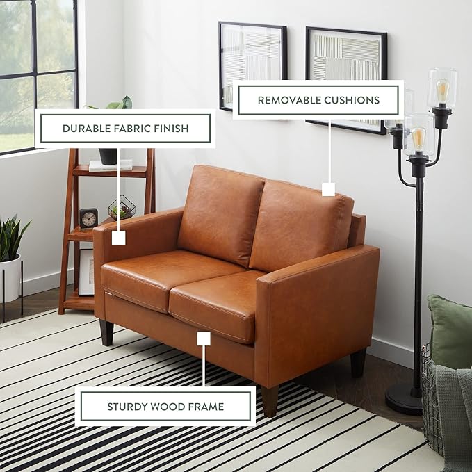 Edenbrook Archer Upholstered Loveseat - Camel Faux Leather Loveseat - Living Room Furniture - Small Loveseat - Mid Century Modern Loveseat - Seats Two - LeafyLoom