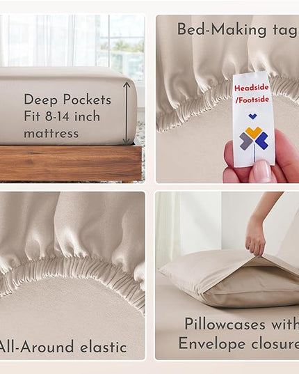 California Design Den Soft 100% Cotton Sheets King Size Bed Sheets Set with Deep Pockets, 4 Piece King Sheets Set with Sateen Weave, Cooling Sheets (Beige) - LeafyLoom