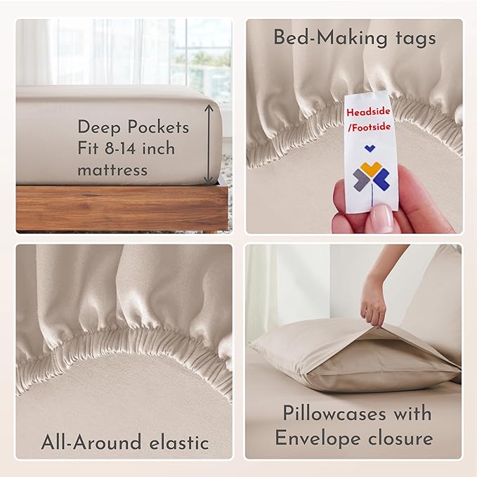 California Design Den Soft 100% Cotton Sheets King Size Bed Sheets Set with Deep Pockets, 4 Piece King Sheets Set with Sateen Weave, Cooling Sheets (Beige) - LeafyLoom