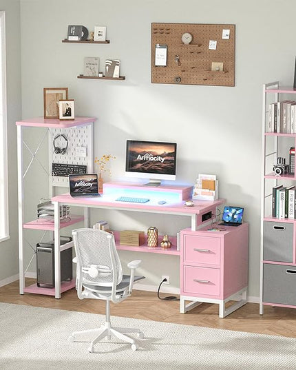 Computer Desk with 2 Fabric Drawers - Reversible Home Office Desk with Power Outlet & LED Lights, 53" Writing Desk with Monitor Stand & Storage Shelves, Gaming Desk Study Table with Pegboard, Pink - LeafyLoom