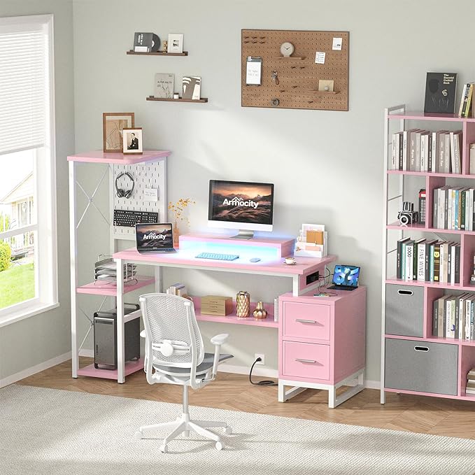Computer Desk with 2 Fabric Drawers - Reversible Home Office Desk with Power Outlet & LED Lights, 53" Writing Desk with Monitor Stand & Storage Shelves, Gaming Desk Study Table with Pegboard, Pink - LeafyLoom