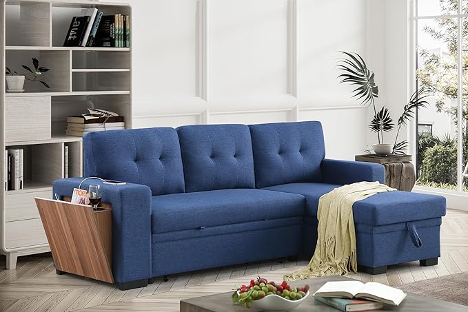 L Shaped Sectional Sofa Storage Chaise, Upholstered Convertible Couch Pull Out Sleeper Bed, Armrest with Hidden Shelves, USB Port & Cup Holder for Living Room Apartment, Blue, 92 - LeafyLoom