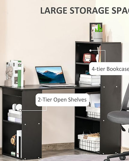 HOMCOM Modern Home Office Desk with 6-Tier Storage Shelves, 47" Writing Table with Bookshelf, Black - LeafyLoom