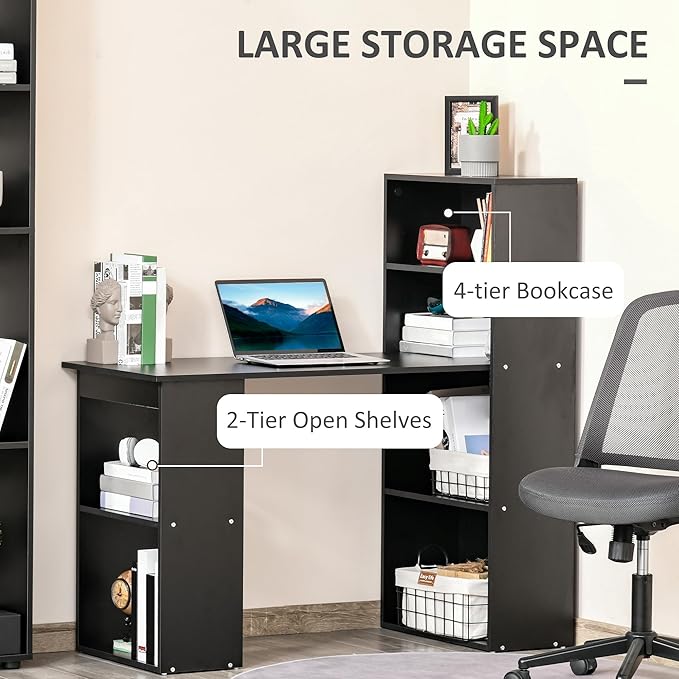 HOMCOM Modern Home Office Desk with 6-Tier Storage Shelves, 47" Writing Table with Bookshelf, Black - LeafyLoom