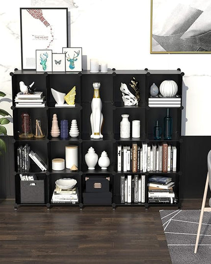HOMIDEC 20-Cube Black Cube Storage Organizer, Modular Storage Shelf with Hammer, Cube Storage Bin Cabinet Closet Bookshelf for Living Room, Bedroom, Office, Each Cube Size 11.8 x 11.8 inch - LeafyLoom